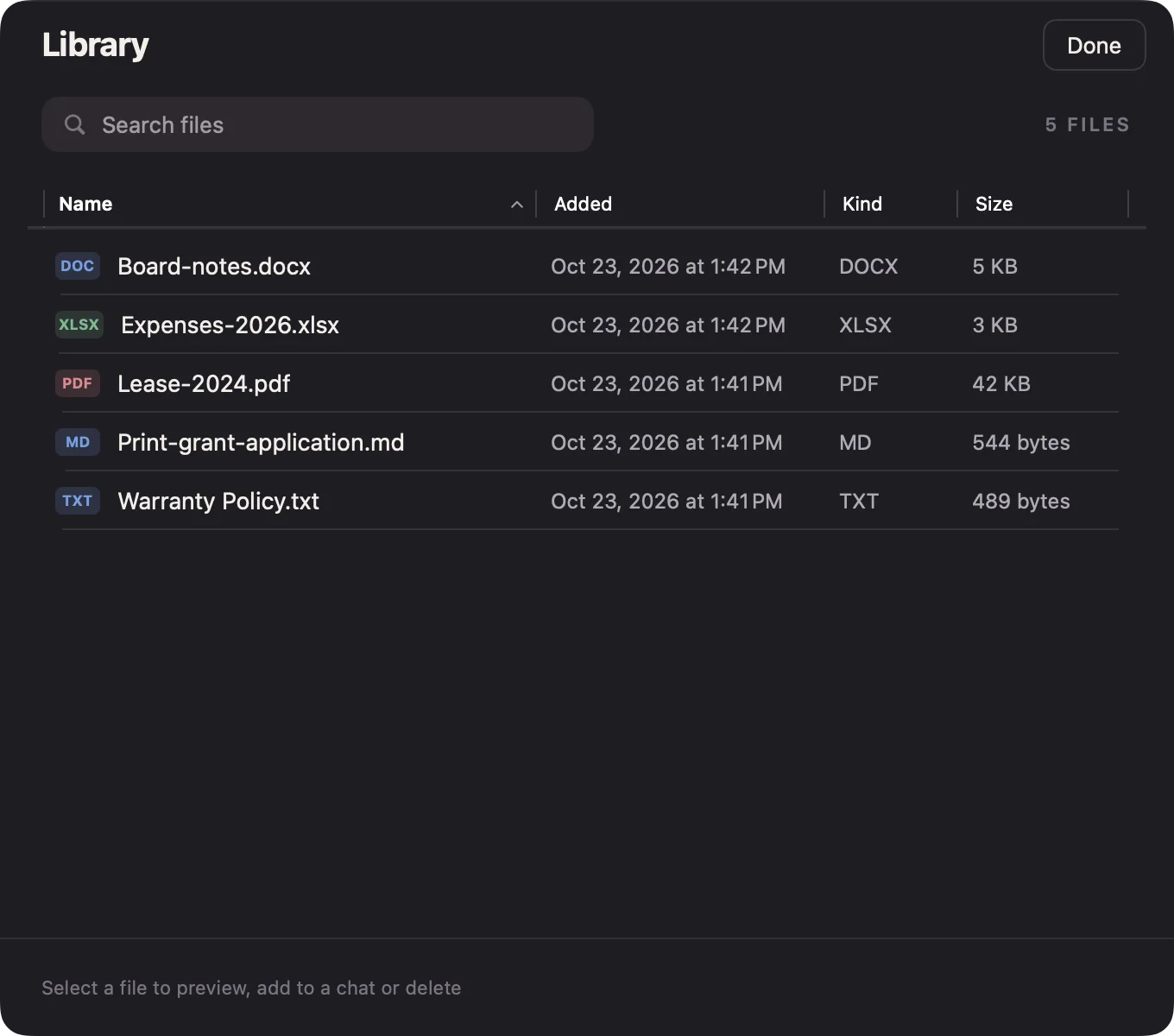The Library in StudiOn, listing a spreadsheet, a PDF lease, a Word document and text files.