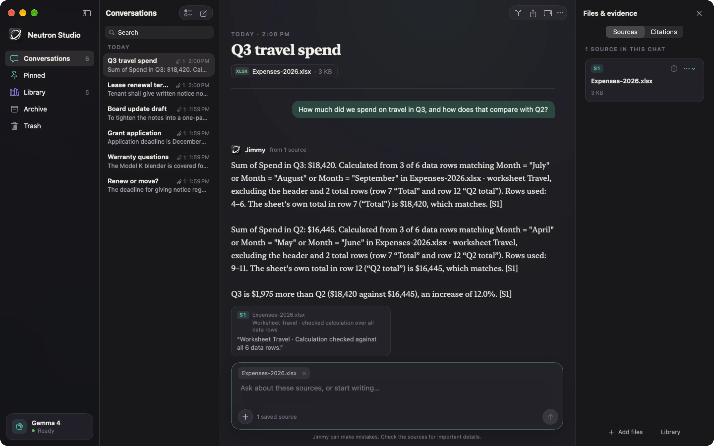 StudiOn: Jimmy totals Q3 and Q2 travel spend from a spreadsheet, and the source card says the calculation was checked against all 6 data rows.