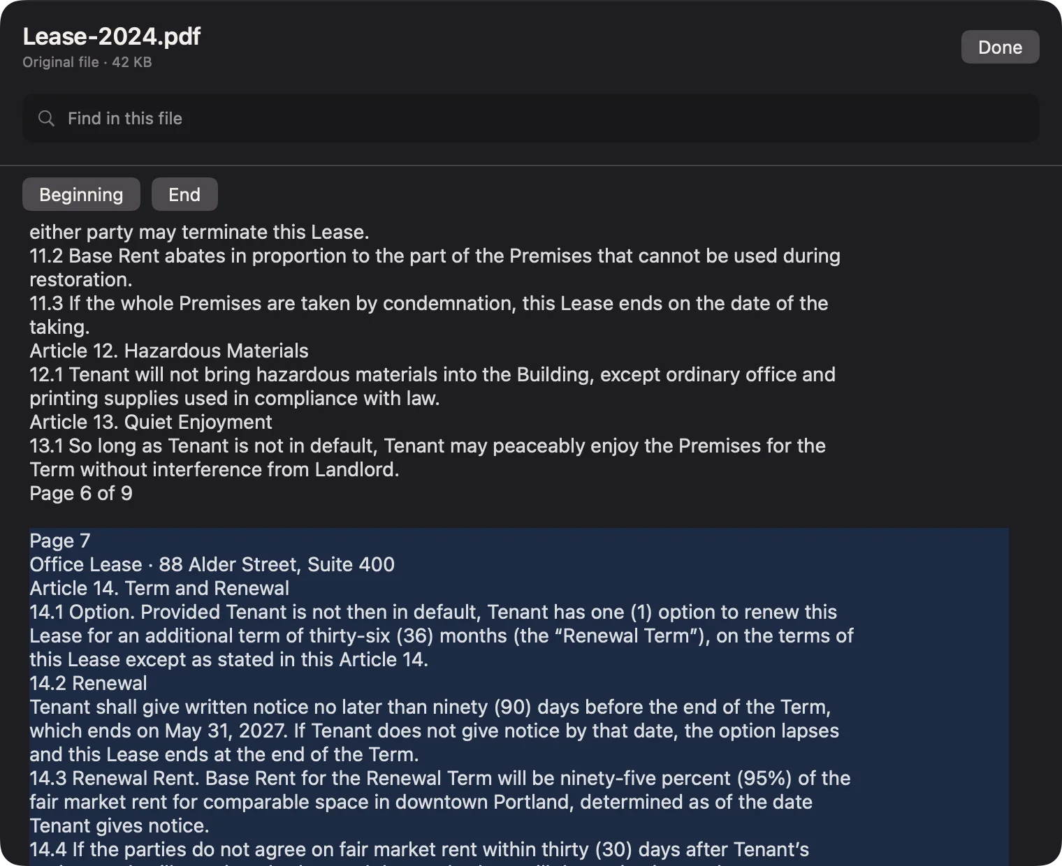 StudiOn’s source viewer with the cited page of a lease highlighted.